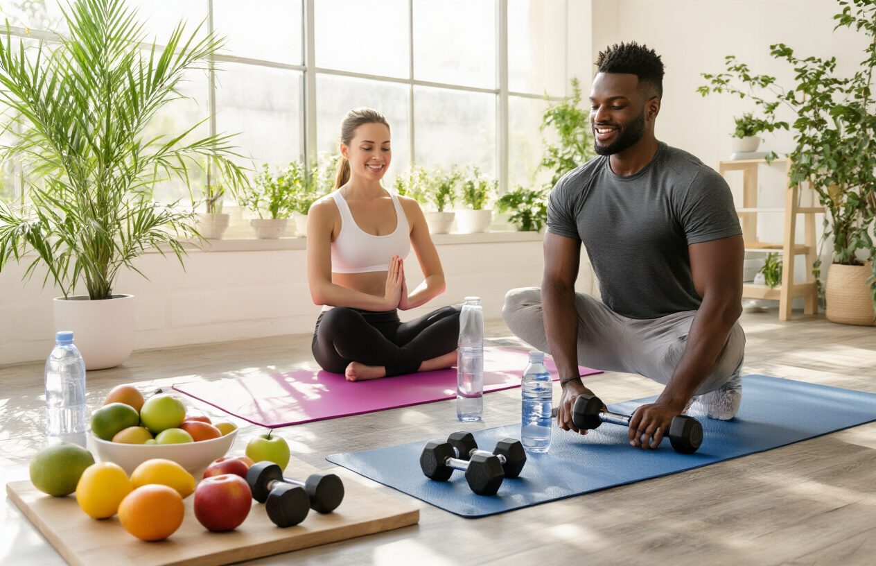 Create a realistic image of a diverse group showing a white female and black male engaged in physical wellness activities including yoga poses on mats, dumbbells nearby, fresh fruits and water bottles arranged on a wooden surface, in a bright modern fitness space with natural lighting streaming through large windows, conveying a sense of strength, vitality and mental clarity through physical activity, with plants and calming neutral tones in the background. Absolutely NO text should be in the scene.