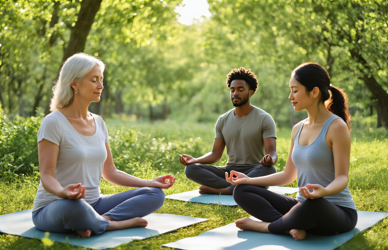 Create a realistic image of a diverse group of people practicing mindfulness meditation in a peaceful outdoor setting, with a middle-aged white woman and a young black man sitting cross-legged on yoga mats surrounded by lush green trees and soft natural lighting, while another Asian female participant stretches nearby, all appearing calm and focused as they build mental wellness skills together in a serene park environment with morning sunlight filtering through leaves, absolutely NO text should be in the scene.