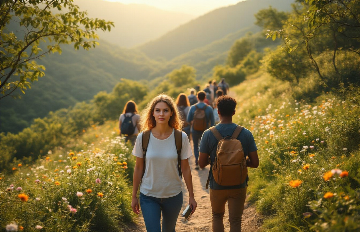 Create a realistic image of a diverse group of people walking on a winding upward path through a serene landscape, with some individuals carrying small backpacks and journals, showing a white female and black male in the foreground looking forward with determined expressions, surrounded by blooming flowers and green trees representing growth and renewal, with soft golden sunlight filtering through the canopy creating a hopeful atmosphere, while the path extends into the distance symbolizing the ongoing journey of mental wellness beyond initial challenges, absolutely NO text should be in the scene.