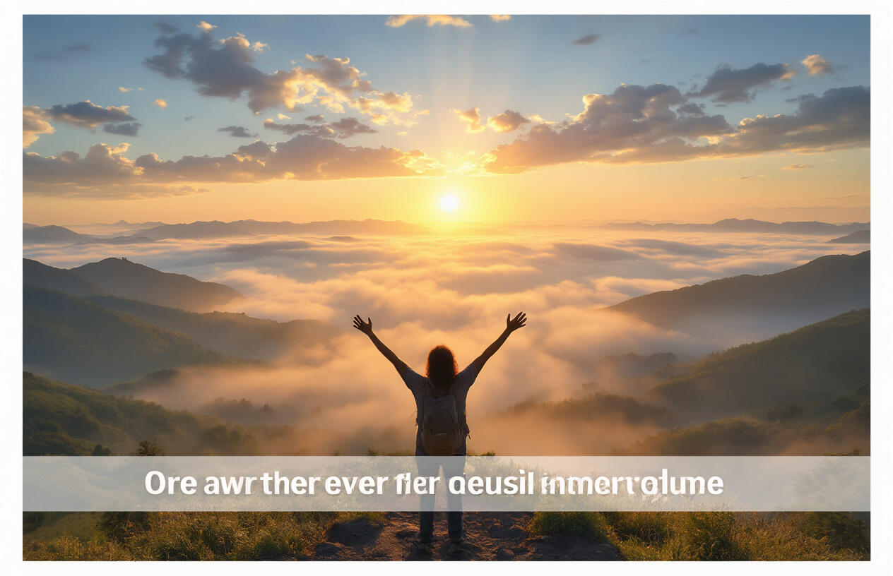 Create a realistic image of a peaceful sunrise scene with a person of mixed race, gender-neutral, standing on a mountaintop with arms raised in triumph, overlooking a vast valley filled with morning mist, golden sunlight breaking through clouds, symbolizing hope and overcoming challenges, with a serene expression of accomplishment and inner peace, surrounded by calm natural elements like gentle rolling hills and soft warm lighting that conveys healing and personal growth, absolutely NO text should be in the scene.