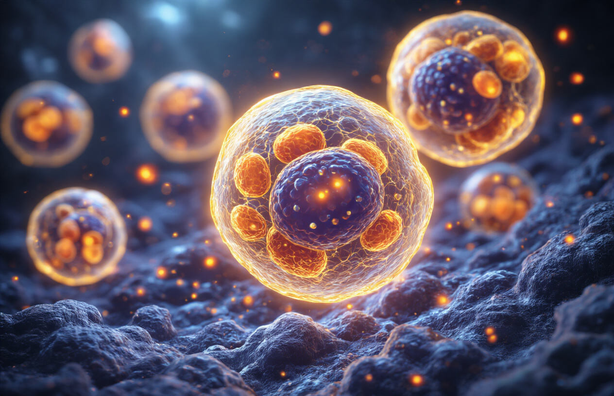 Create a realistic image of healthy human cells glowing with a protective golden shield-like aura against a dark cellular background, with vibrant mitochondria visible inside the cells, antioxidant molecules represented as small bright particles neutralizing orange-red free radicals, soft blue and purple lighting creating a scientific laboratory atmosphere, microscopic view showing cellular protection and vitality, absolutely NO text should be in the scene.