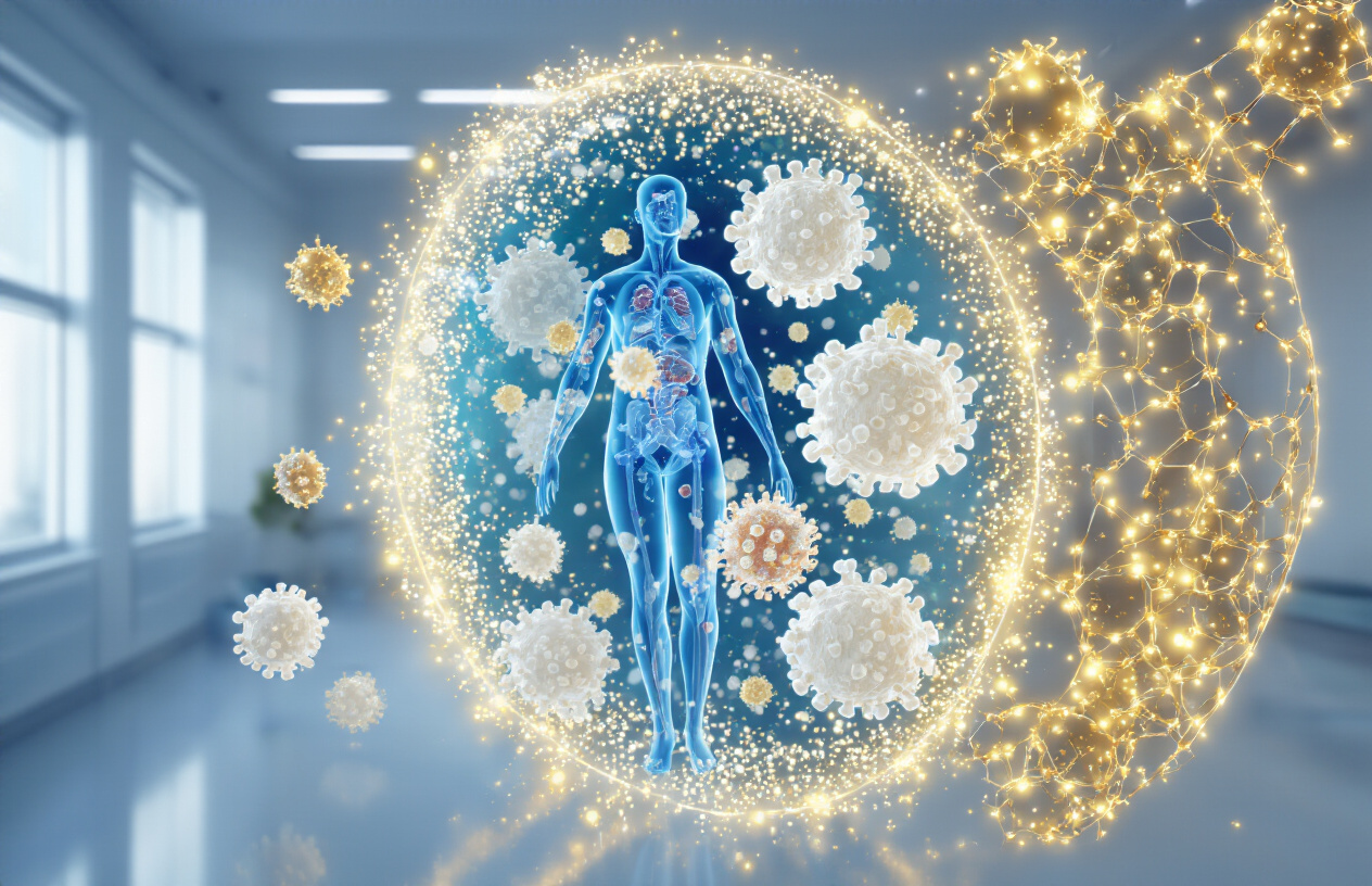 Create a realistic image of a vibrant, glowing human immune system visualization with white blood cells and antibodies floating through a translucent human silhouette, surrounded by a protective shield-like aura of golden light representing glutathione molecules, set against a clean medical background with soft blue and white lighting, showing the concept of disease prevention and immune strengthening, absolutely NO text should be in the scene.