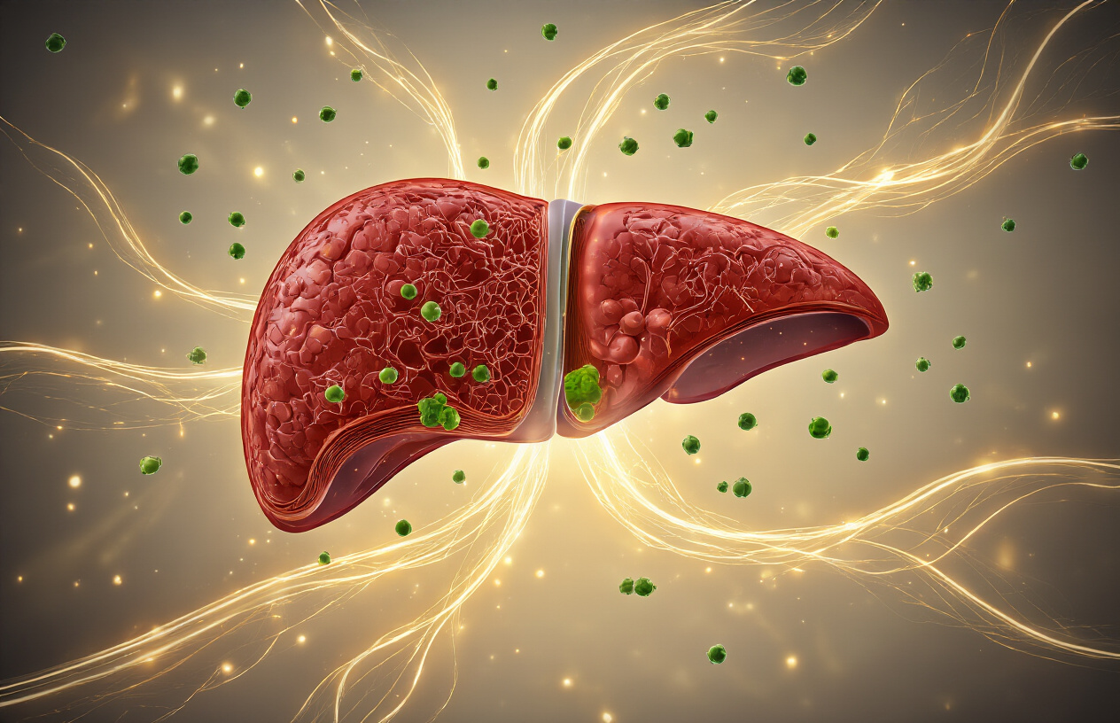 Create a realistic image of a healthy human liver organ in cross-section view showing its natural reddish-brown color and detailed internal structure, surrounded by flowing streams of golden light representing detoxification processes, with small green antioxidant molecules floating around the liver, set against a clean medical illustration background with soft, clinical lighting that emphasizes the liver's cleansing function, absolutely NO text should be in the scene.