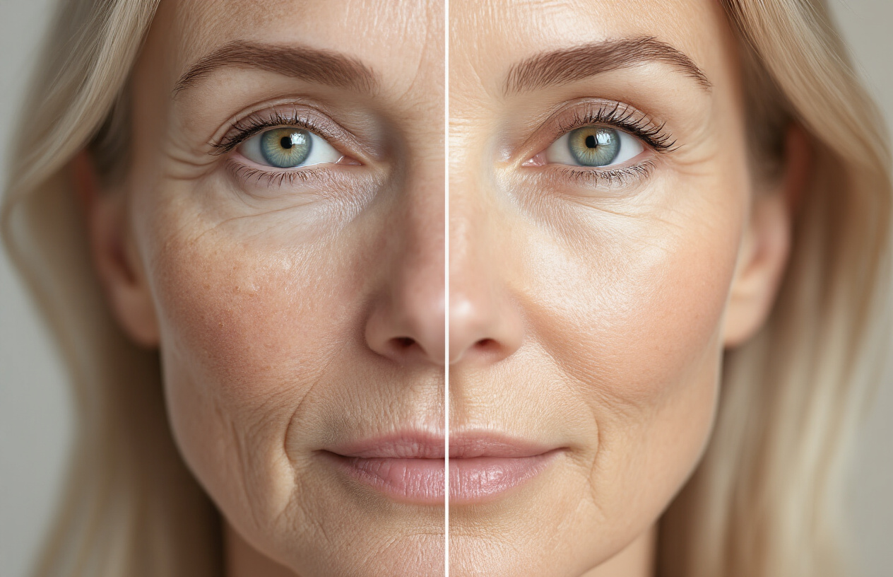 Create a realistic image of a close-up split-screen comparison showing the same white female face, with one half displaying aged skin with wrinkles, fine lines, and age spots, and the other half showing smooth, youthful, radiant skin with a healthy glow, set against a soft neutral background with gentle natural lighting that highlights the skin texture differences, conveying hope and transformation for anti-aging skincare benefits, absolutely NO text should be in the scene.