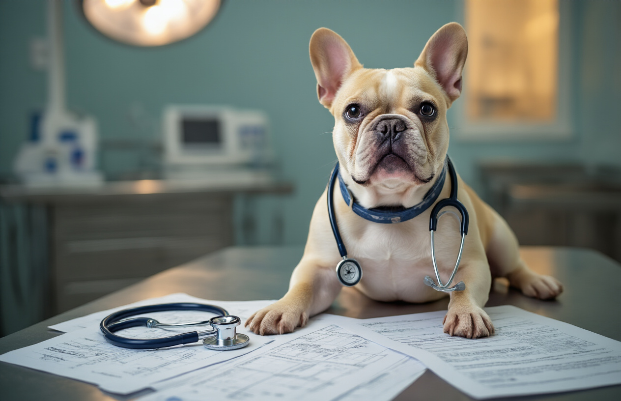 Create a realistic image of a French Bulldog sitting on a veterinary examination table with a stethoscope draped around its neck, surrounded by medical charts and insurance documents scattered on the table, with a soft clinic lighting in the background showing blurred medical equipment, conveying the specialized healthcare needs of this breed, absolutely NO text should be in the scene.