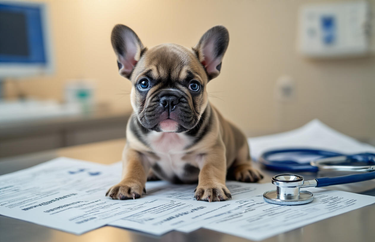 Create a realistic image of a cute French Bulldog puppy sitting on a veterinary examination table with various insurance-related documents and policy papers spread out nearby, a stethoscope and medical equipment visible in the background, warm professional lighting in a clean modern veterinary office setting, conveying trust and care for pet health coverage, absolutely NO text should be in the scene.