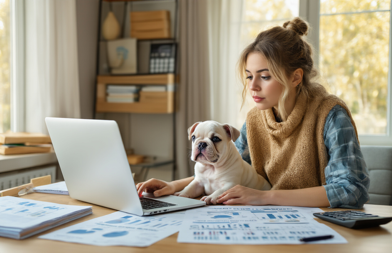 Create a realistic image of a young white female sitting at a modern desk with a laptop open, surrounded by printed insurance documents and comparison charts, with a cute French Bulldog puppy sitting beside her on the desk, warm natural lighting from a window, organized home office setting with notebooks and a calculator visible, conveying a thoughtful research atmosphere, absolutely NO text should be in the scene.