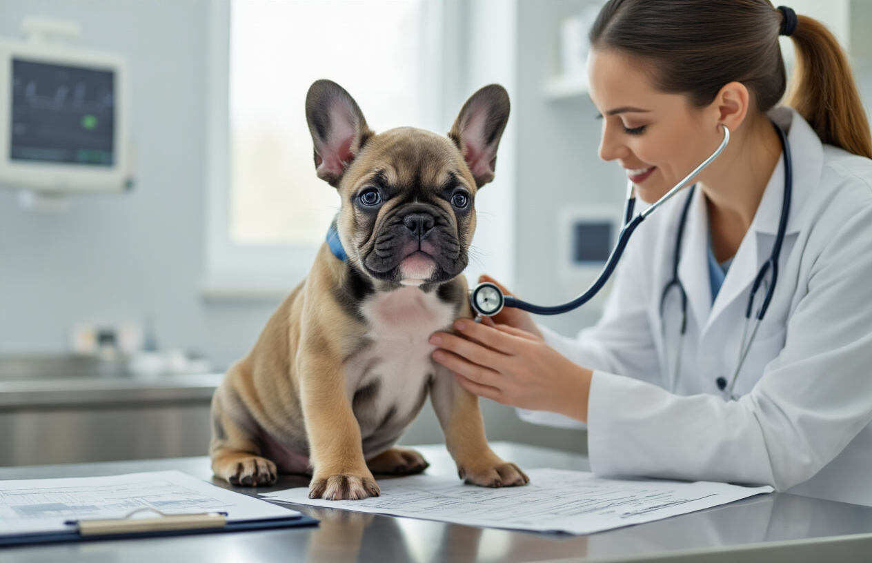 Create a realistic image of a healthy French Bulldog puppy sitting on an examination table in a modern veterinary clinic with a white female veterinarian gently examining the dog with a stethoscope, medical charts and insurance documents visible on a nearby desk, bright clean lighting, professional healthcare setting with medical equipment in the background, conveying a sense of preventive care and wellness, absolutely NO text should be in the scene.