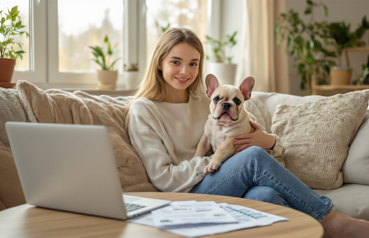 Create a realistic image of a young white female first-time dog owner sitting peacefully in a cozy living room with her adorable French Bulldog puppy on her lap, both looking content and secure, with insurance documents and a laptop nearby on a coffee table suggesting successful policy research, warm natural lighting streaming through windows creating a sense of comfort and protection, plants and home decor in the background conveying a safe domestic environment, the woman gently petting her fawn-colored French Bulldog puppy who appears healthy and happy, overall mood conveying peace of mind and responsible pet ownership, absolutely NO text should be in the scene.