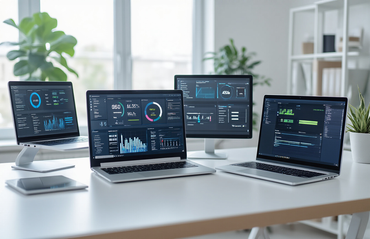 Create a realistic image of a modern workspace showing multiple laptop computers displaying various diagnostic interfaces and system status screens, with different types of online checking tools visible on the monitors including battery health indicators, performance metrics, hardware diagnostics, and system information panels, set on a clean white desk with soft natural lighting from a window, creating a professional tech-focused atmosphere. Absolutely NO text should be in the scene.