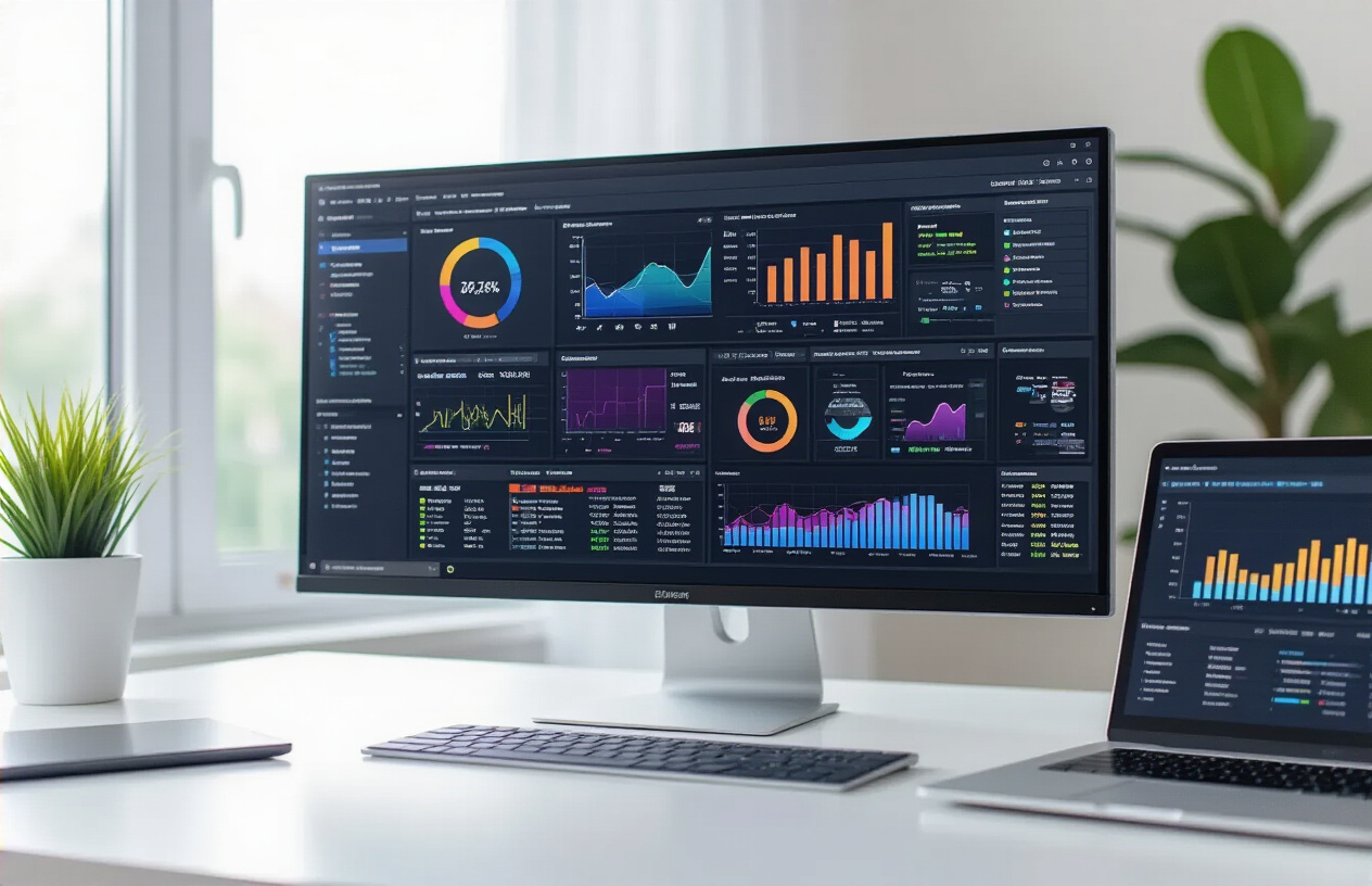 Create a realistic image of a modern computer screen displaying multiple third-party diagnostic website interfaces with colorful graphs, system analysis charts, and laptop health indicators, surrounded by a clean white desk setup with a sleek silver laptop positioned nearby, soft natural lighting from a window creating a professional tech workspace atmosphere, with various diagnostic tools and performance metrics visible on the monitor screens showing CPU usage, memory status, and hardware health reports, absolutely NO text should be in the scene.