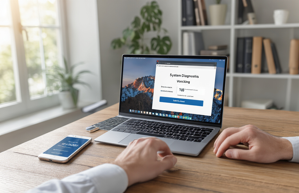 Create a realistic image of a clean modern workspace showing a laptop computer open on a wooden desk with its screen displaying a system diagnostics interface, a smartphone placed nearby showing a web browser with a laptop status checking website, hands of a white male person typing on the laptop keyboard, soft natural lighting from a window, professional home office background with bookshelves, calm and focused mood, absolutely NO text should be in the scene.