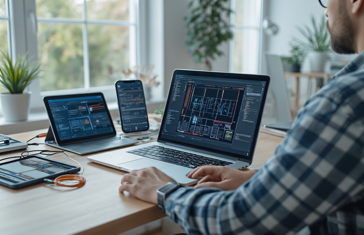 Create a realistic image of a person sitting at a modern desk with an open laptop displaying diagnostic software interface on the screen, surrounded by various troubleshooting tools including a smartphone showing system monitoring apps, tablet with repair guides, and cable connections, set in a clean home office environment with soft natural lighting from a window, conveying a focused problem-solving atmosphere, absolutely NO text should be in the scene.