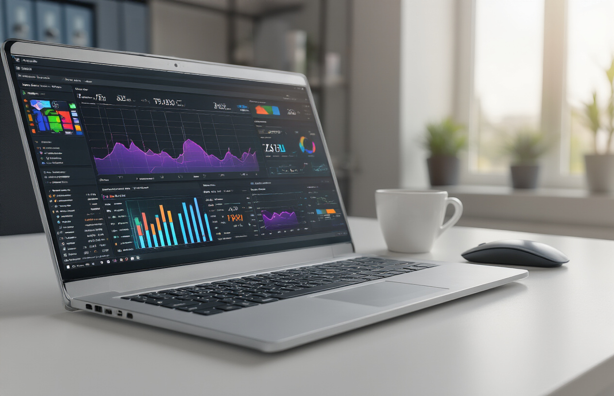 Create a realistic image of a modern laptop computer open on a clean desk displaying colorful performance graphs, charts, and system monitoring dashboards on the screen, with soft ambient lighting from a nearby window, surrounded by a sleek workspace setup including a wireless mouse and coffee cup, professional office environment in the background, bright and optimized atmosphere suggesting peak performance and efficiency, absolutely NO text should be in the scene.