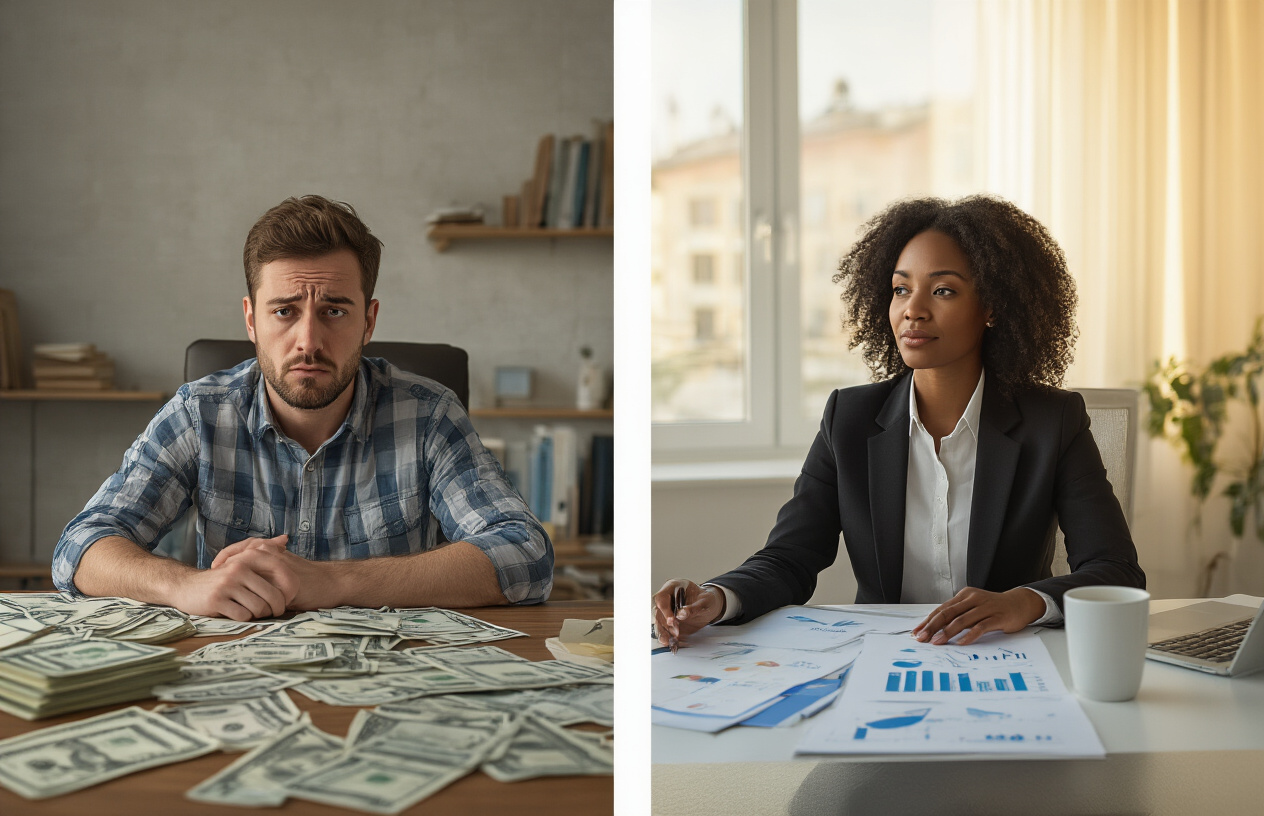Create a realistic image of two contrasting scenes split down the middle showing different money mindsets, on the left side a stressed white male in casual clothes sitting at a cluttered desk with bills and debt papers scattered around looking worried about finances, on the right side a confident black female in business attire sitting at an organized desk with investment charts and financial growth documents appearing calm and strategic, the background shows a modest apartment on the left transitioning to a modern office space on the right, warm natural lighting from windows, absolutely NO text should be in the scene.