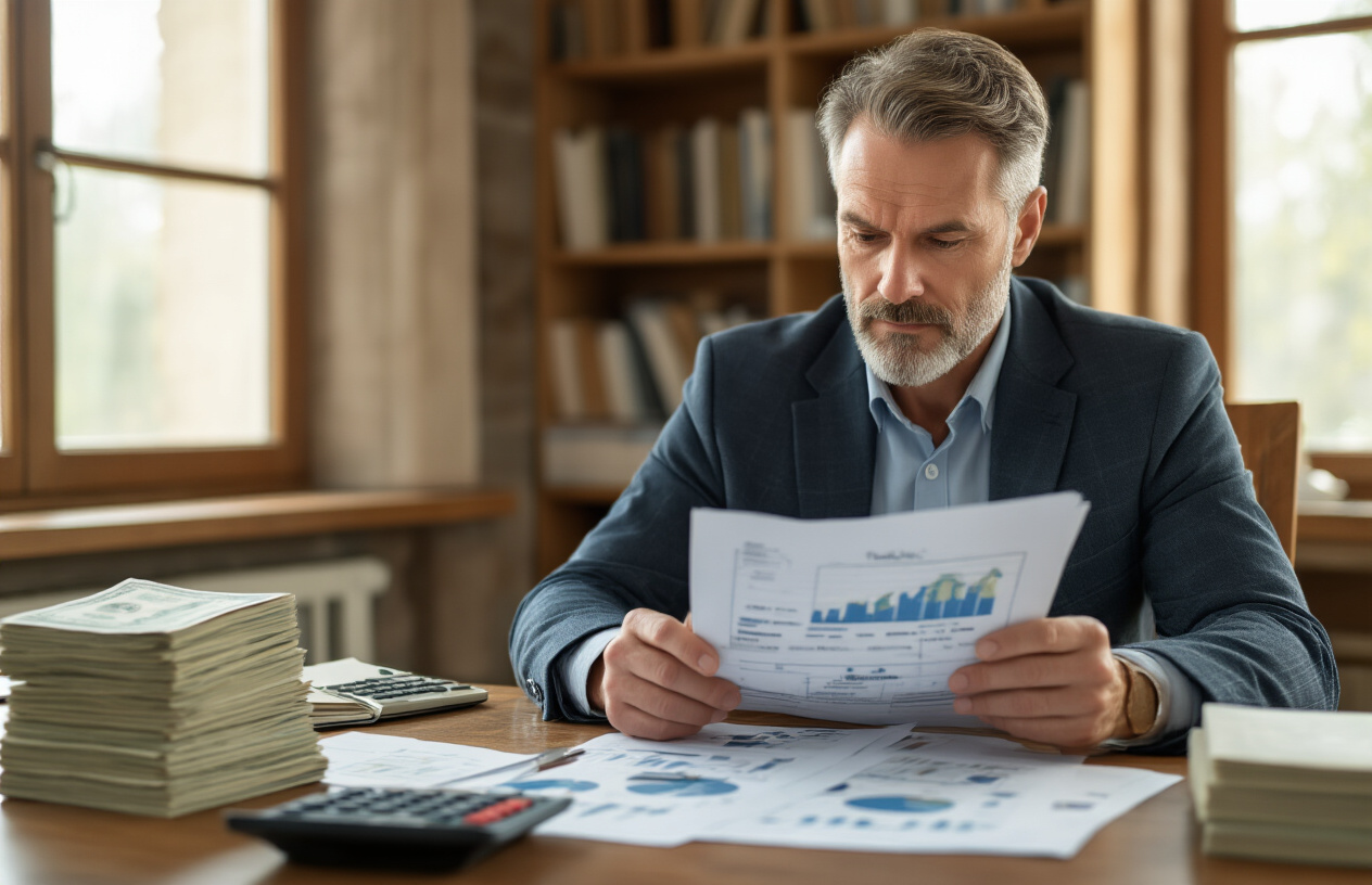 Create a realistic image of a professional white male in his 40s sitting at a wooden desk reviewing financial documents and charts, with stacks of money, investment books, and a calculator nearby, in a warm home office setting with bookshelves in the background, natural lighting coming through a window, conveying a sense of financial wisdom and success, absolutely NO text should be in the scene.
