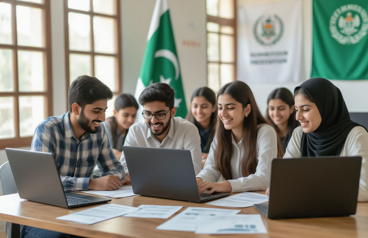 Create a realistic image of modern laptops arranged on a wooden table with official government documents and forms scattered around them, featuring a diverse group of young students including white and black males and females examining the laptops with excited expressions, set in a bright educational environment with natural lighting streaming through windows, showing Pakistani flag and educational institution banners in the background, capturing the essence of a government technology distribution program, Absolutely NO text should be in the scene.