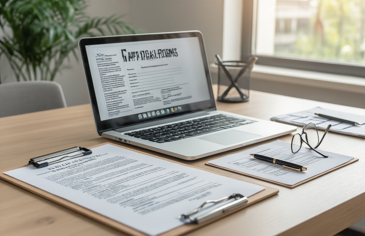 Create a realistic image of a clean, modern office desk with a laptop computer open displaying application forms, official government documents scattered around, a clipboard with eligibility checklist, a pen, and reading glasses, with soft natural lighting from a window in the background creating a professional administrative atmosphere, absolutely NO text should be in the scene.