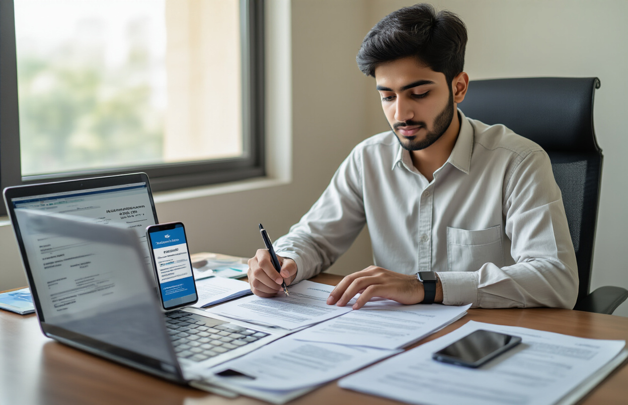 Create a realistic image of a young Pakistani male student sitting at a modern desk with a laptop computer, official government documents spread neatly beside him, a smartphone displaying a digital application form, important papers like educational certificates and ID card visible on the desk, bright natural lighting from a window, clean organized workspace with a pen in hand as he fills out paperwork, professional office or study room setting with neutral colors, focused and determined expression, absolutely NO text should be in the scene.