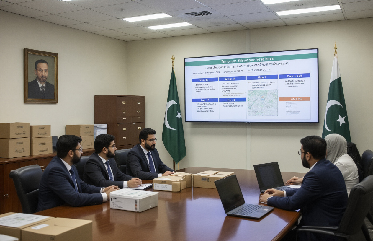Create a realistic image of a large government conference room with a detailed timeline chart displayed on a wall-mounted screen showing phases and dates, several black and white male and female officials in business attire sitting around a polished wooden table reviewing distribution documents and maps, stacks of new laptops in boxes visible on a side table, a Pakistani flag in the corner, professional fluorescent lighting, formal government office atmosphere with filing cabinets and official portraits in the background, absolutely NO text should be in the scene.