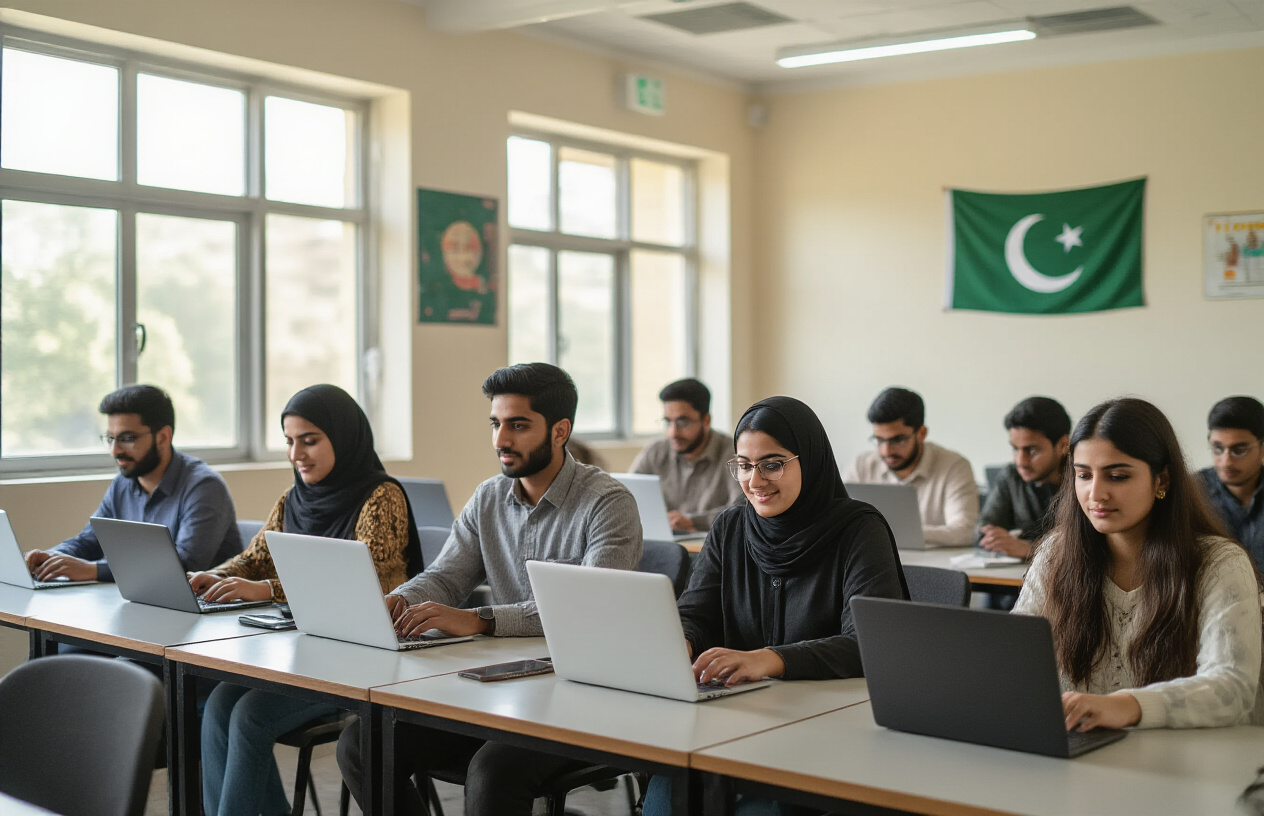 Create a realistic image of a modern Pakistani university classroom with diverse students of various ethnicities including South Asian, white, and black male and female students working on laptops at desks, showing a mix of different laptop brands and models, with a bright, optimistic atmosphere featuring natural sunlight streaming through windows, a Pakistani flag visible on the wall, and a sense of educational progress and digital empowerment, captured from a wide angle showing multiple students engaged in their studies, absolutely NO text should be in the scene.