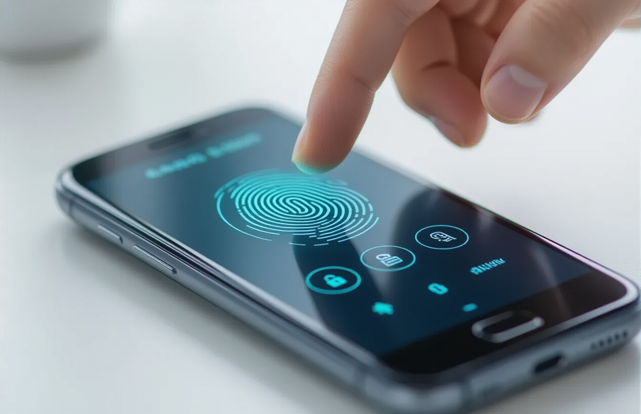 Create a realistic image of a close-up view of an Android smartphone displaying a security authentication screen with fingerprint scanner icon and PIN entry keypad, showing a finger hovering over the fingerprint sensor, placed on a clean modern desk with soft natural lighting from the side, creating a secure and professional atmosphere, with subtle blue and green security-themed color tones in the interface, absolutely NO text should be in the scene.
