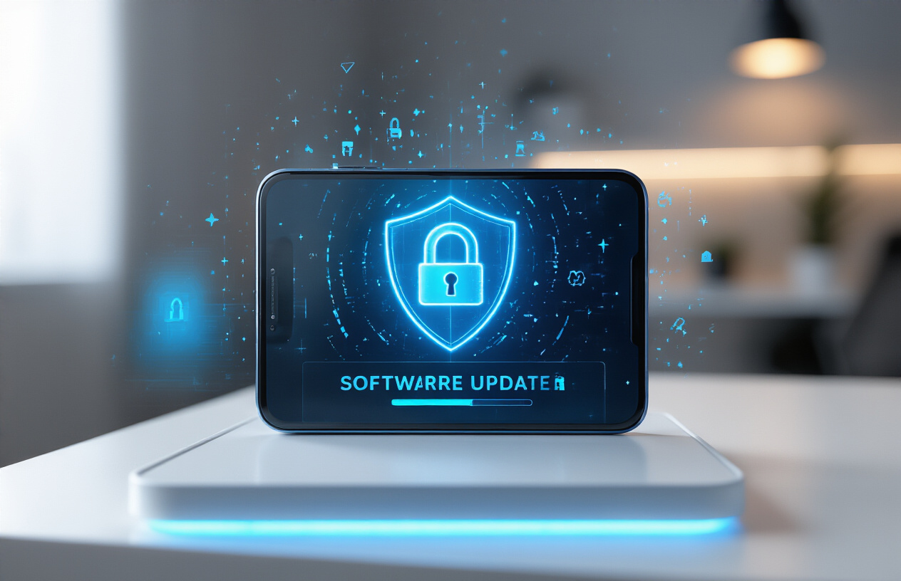 Create a realistic image of a modern Android smartphone displaying a software update notification screen with a security shield icon prominently featured, placed on a clean white desk surface with subtle blue lighting that conveys security and protection, showing the phone's screen with update progress indicators and security symbols, maintaining a professional and tech-focused atmosphere that emphasizes digital protection and system maintenance, absolutely NO text should be in the scene.