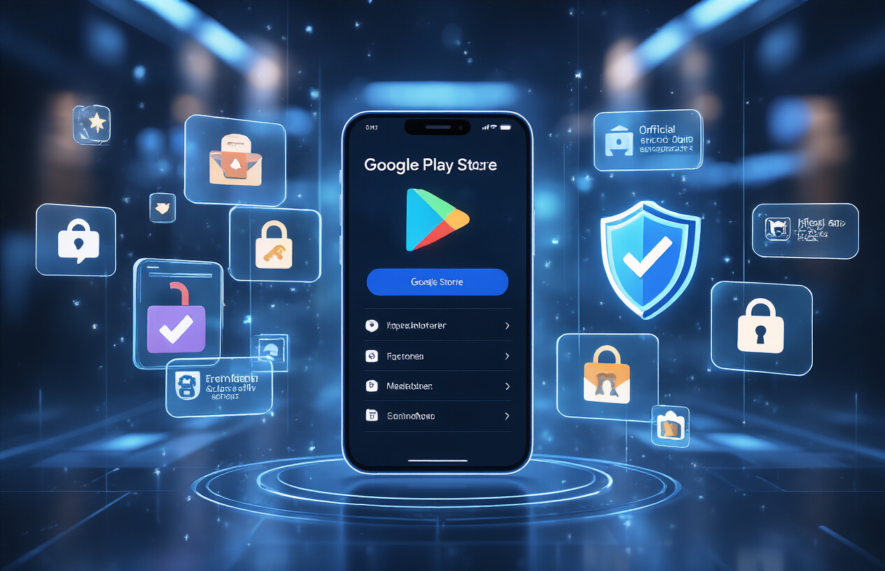 Create a realistic image of a smartphone screen displaying the official Google Play Store app with verified checkmarks and security badges visible, surrounded by floating holographic icons representing trusted app sources like official store logos, while malicious-looking apps with warning symbols are being blocked by a protective shield barrier, set against a clean modern tech background with soft blue lighting, absolutely NO text should be in the scene.
