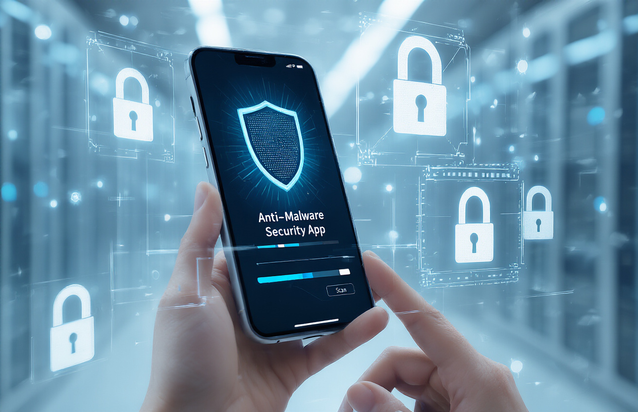 Create a realistic image of a modern smartphone displaying an anti-malware security app interface with a shield icon and scan progress, surrounded by digital security elements like padlock symbols and protective barriers, set against a clean tech-focused background with soft blue lighting, showing the phone being held by human hands, absolutely NO text should be in the scene.