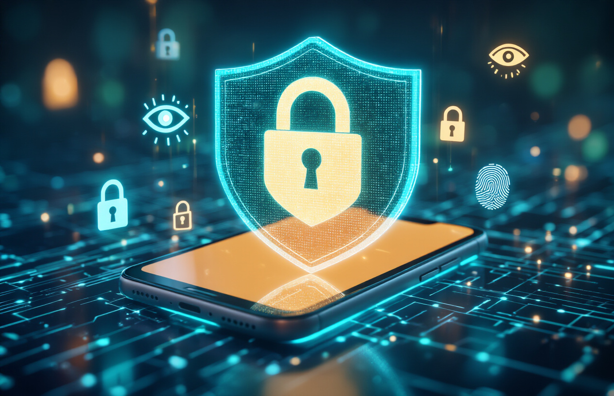 Create a realistic image of a smartphone with a digital shield or lock icon hovering above it, surrounded by glowing privacy symbols like padlocks, eye icons with slashes, and fingerprint symbols, set against a clean modern tech background with soft blue and green lighting, conveying security and protection, absolutely NO text should be in the scene.
