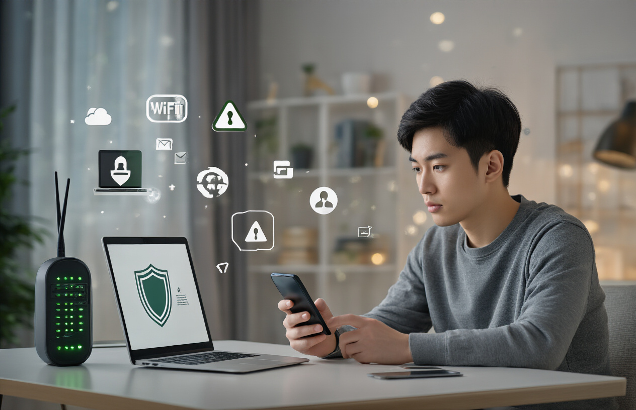 Create a realistic image of a young Asian male sitting at a modern desk using an Android smartphone with a focused, cautious expression, surrounded by subtle visual elements representing safe digital practices including a secure WiFi router with green LED lights, a laptop displaying a shield icon on the screen, and warning symbols floating discretely around unsafe website icons, set in a well-lit home office environment with clean, professional lighting that conveys security and digital safety awareness, absolutely NO text should be in the scene.