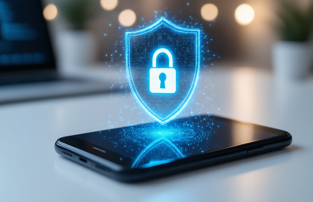 Create a realistic image of a sleek black Android smartphone lying on a clean white desk surface with a subtle digital security shield hologram projection glowing in blue light above the phone screen, surrounded by soft ambient lighting that creates a secure and protected atmosphere, with minimalist tech elements like a laptop partially visible in the blurred background, conveying a sense of digital safety and cybersecurity protection, absolutely NO text should be in the scene.
