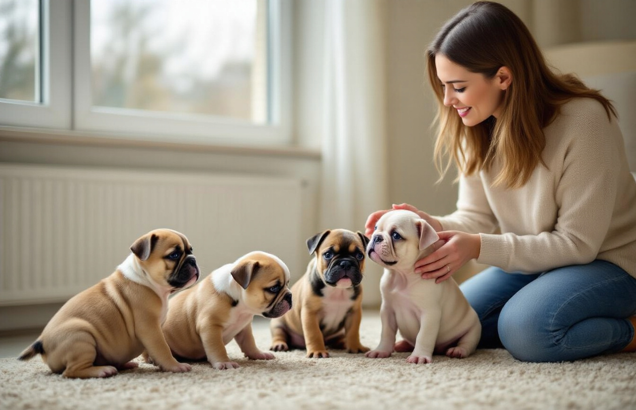 Create a realistic image of a prospective pet owner, a white female in her 30s, kneeling down and gently interacting with three adorable French Bulldog puppies of different colors (fawn, brindle, and cream) in a clean, well-lit indoor setting with natural lighting from a window, showcasing the puppies playing and displaying their unique personalities while the woman observes them carefully to make her selection, with a warm and welcoming atmosphere that conveys the important decision-making process of choosing the right puppy, absolutely NO text should be in the scene.