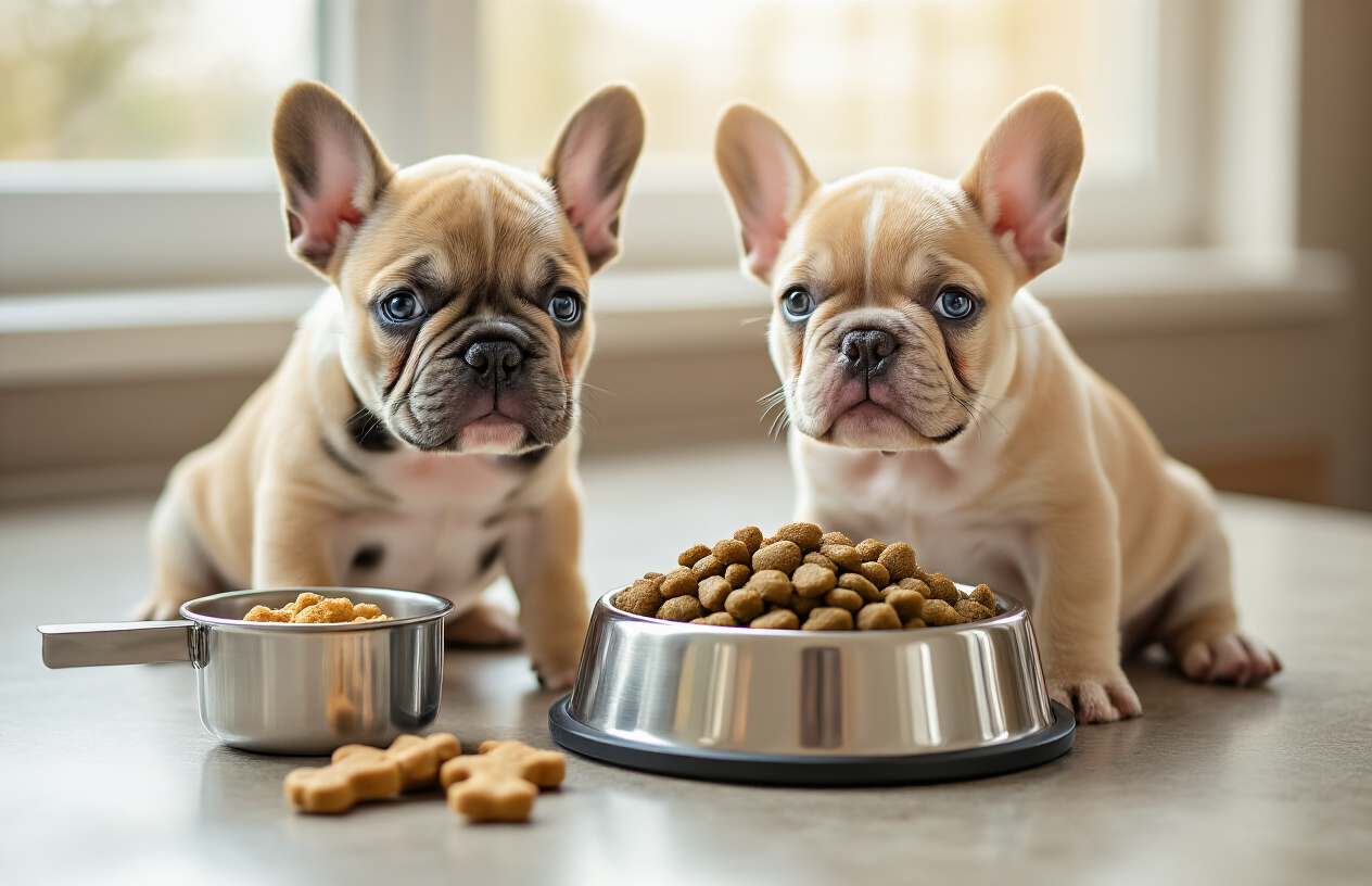 Create a realistic image of a cute French Bulldog puppy sitting beside a stainless steel food bowl filled with high-quality kibble, with a measuring cup nearby containing dog food, a water bowl, and some healthy dog treats scattered on a clean kitchen counter, soft natural lighting from a window, warm and caring atmosphere, absolutely NO text should be in the scene.