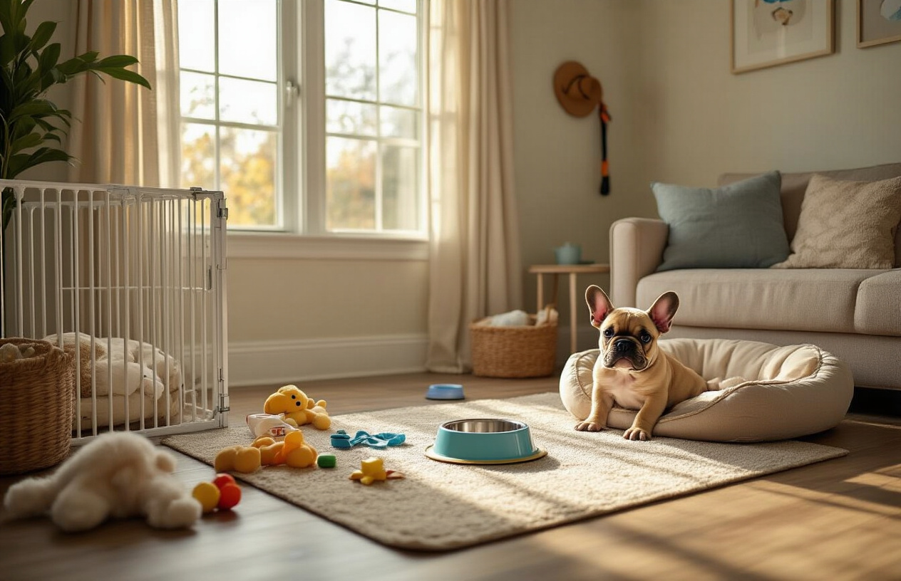 Create a realistic image of a cozy living room being prepared for a French Bulldog puppy with puppy-proofing supplies scattered around including baby gates, electrical outlet covers, a comfortable dog bed in the corner, food and water bowls on a feeding mat, puppy toys on the floor, a leash hanging on a wall hook, and puppy training pads near the door, with warm natural lighting streaming through windows and a welcoming homey atmosphere, absolutely NO text should be in the scene.