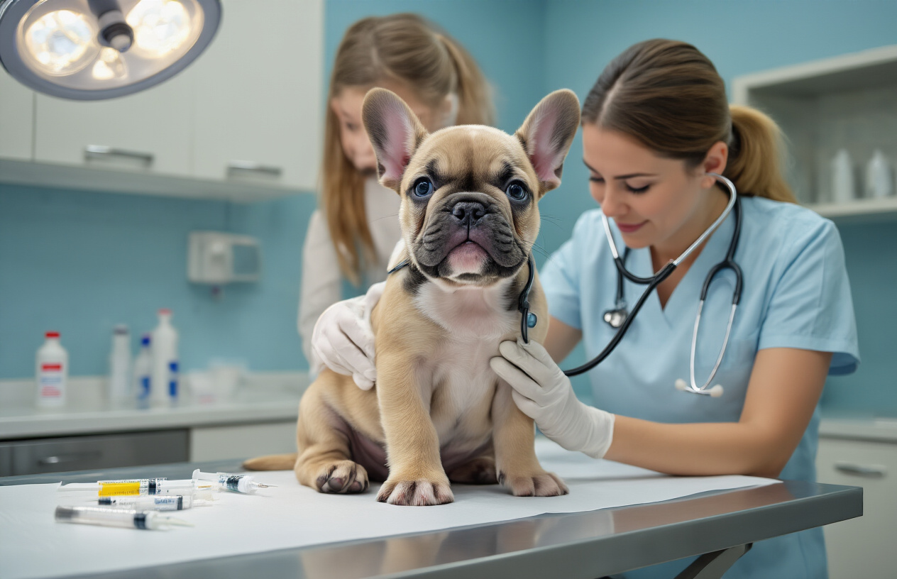 Create a realistic image of a French Bulldog puppy sitting on an examination table in a modern veterinary clinic, with a white female veterinarian in scrubs gently examining the puppy with a stethoscope, showing medical equipment like syringes and vaccination vials on a nearby counter, bright clinical lighting, clean white and blue medical environment, the puppy looking calm and cooperative during the health checkup, absolutely NO text should be in the scene.
