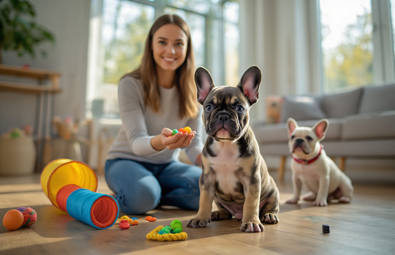Create a realistic image of a young French Bulldog puppy with distinctive bat ears and brindle coat sitting attentively in a bright, modern living room while a white female dog trainer in casual clothing kneels beside the puppy holding colorful training treats, with the puppy's paw raised in a "shake" command position, surrounded by training props including a small agility tunnel, colorful toys, and a clicker on a hardwood floor, with natural sunlight streaming through large windows creating a warm and encouraging atmosphere, while another French Bulldog puppy plays with a rope toy in the soft-focused background, absolutely NO text should be in the scene.