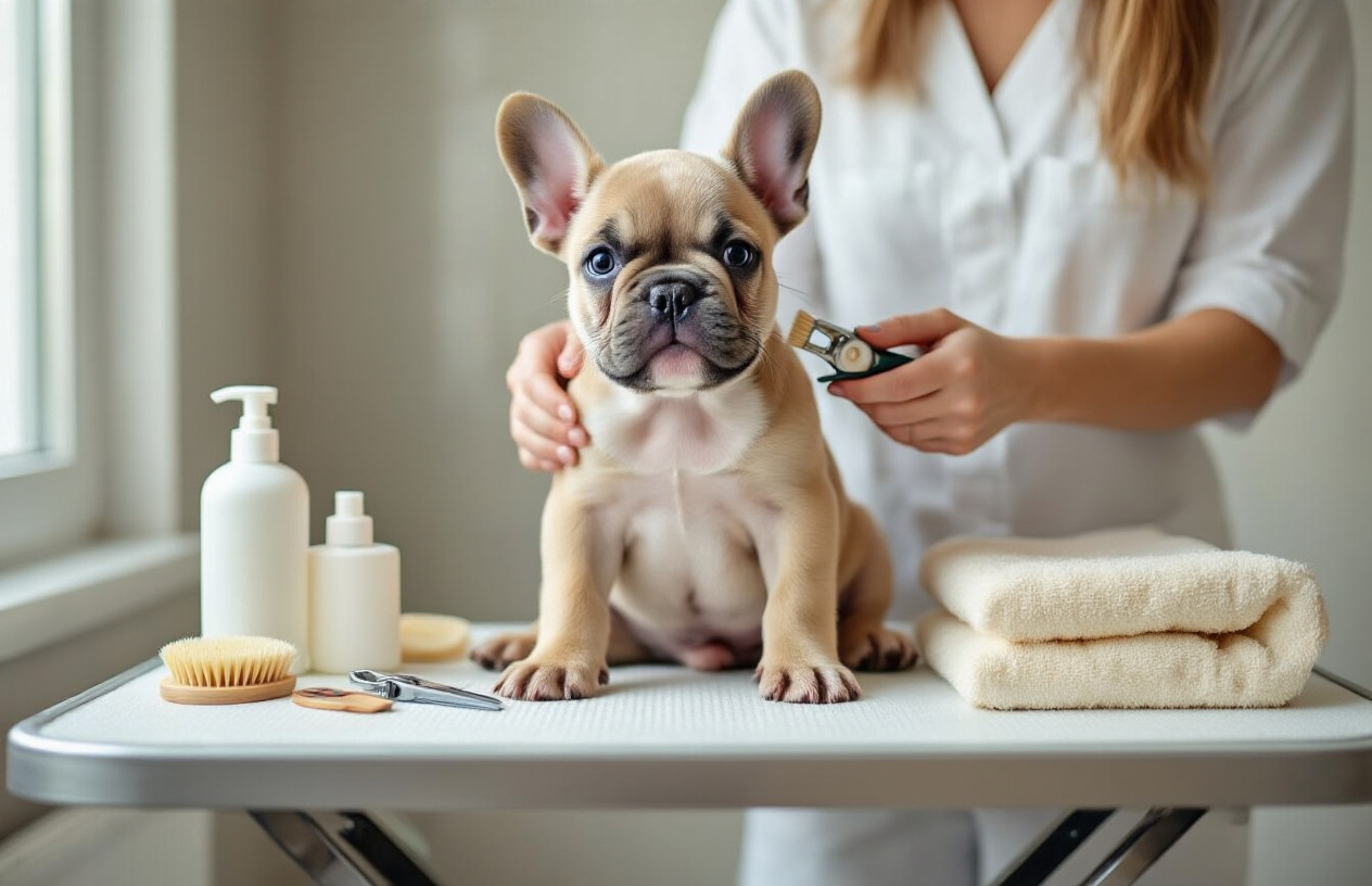 Create a realistic image of a cute French Bulldog puppy sitting on a grooming table being gently brushed by a white female pet owner, with grooming supplies like a soft brush, nail clippers, dog shampoo, and a towel neatly arranged on the table, in a bright, clean bathroom or grooming area with natural lighting from a window, showing the puppy's calm and content expression during the grooming routine, absolutely NO text should be in the scene.
