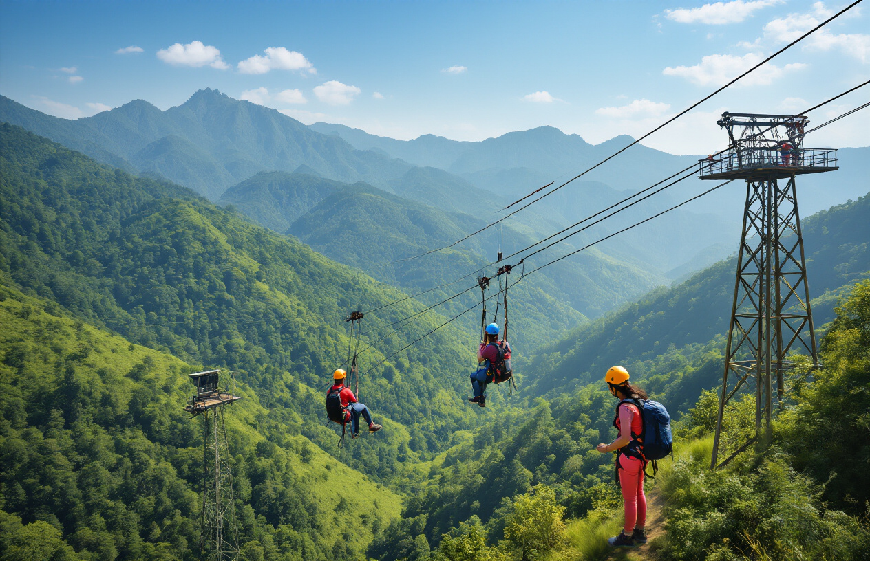 Create a realistic image of a scenic mountain landscape in India with multiple ziplines stretching across a lush green valley, featuring modern zipline infrastructure including steel cables, safety platforms, and tower structures, with diverse Indian tourists (both male and female of various ages) wearing safety harnesses and helmets preparing to zipline, set against a backdrop of rolling hills covered in dense forests, captured in bright natural daylight with clear blue skies, showcasing the thriving adventure tourism industry, absolutely NO text should be in the scene.
