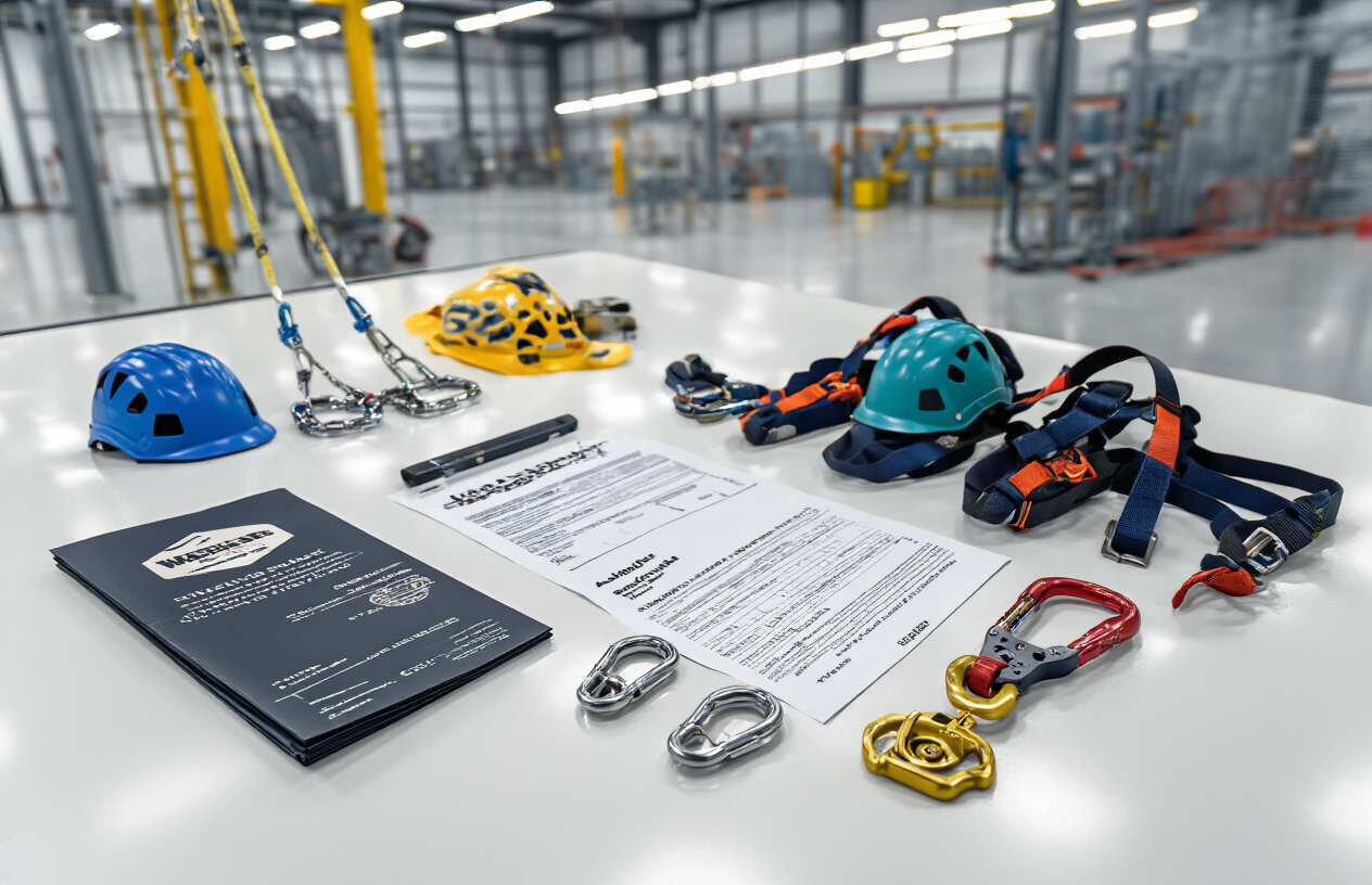 Create a realistic image of professional zipline equipment including harnesses, helmets, carabiners, and pulleys displayed on a clean white surface alongside official safety certification documents and quality control testing equipment, with a modern industrial facility background, bright professional lighting emphasizing the precision engineering and safety standards, absolutely NO text should be in the scene.
