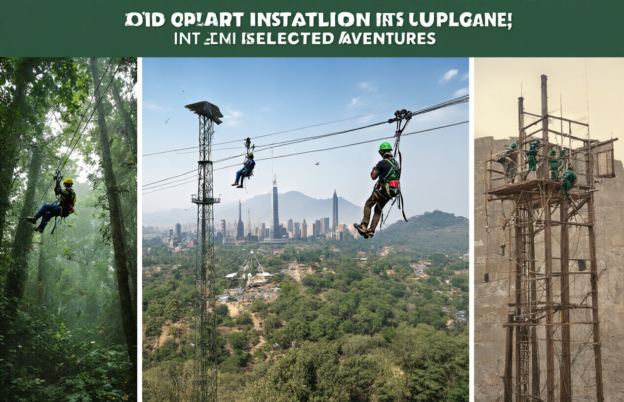Create a realistic image of various zipline installations showcasing different applications including a forest canopy adventure zipline, an urban entertainment zipline between buildings, a military training obstacle course zipline, and a rescue operation zipline setup, all displayed in a montage-style composition with Indian landscape elements in the background, bright daylight with clear visibility of safety equipment and harness systems, absolutely NO text should be in the scene.