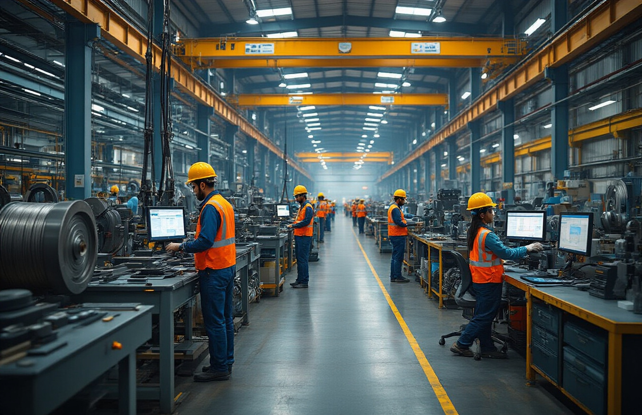 Create a realistic image of a modern manufacturing facility in India showcasing zipline cable production and assembly, with advanced machinery including cable winding machines, tension testing equipment, and computerized quality control systems, Indian male and female engineers in safety gear operating high-tech manufacturing equipment, steel cable spools and zipline hardware components arranged systematically, clean industrial environment with bright overhead lighting, workers monitoring digital displays and control panels, background showing organized production line with partially assembled zipline systems, professional atmosphere emphasizing precision manufacturing and technology integration, Absolutely NO text should be in the scene.