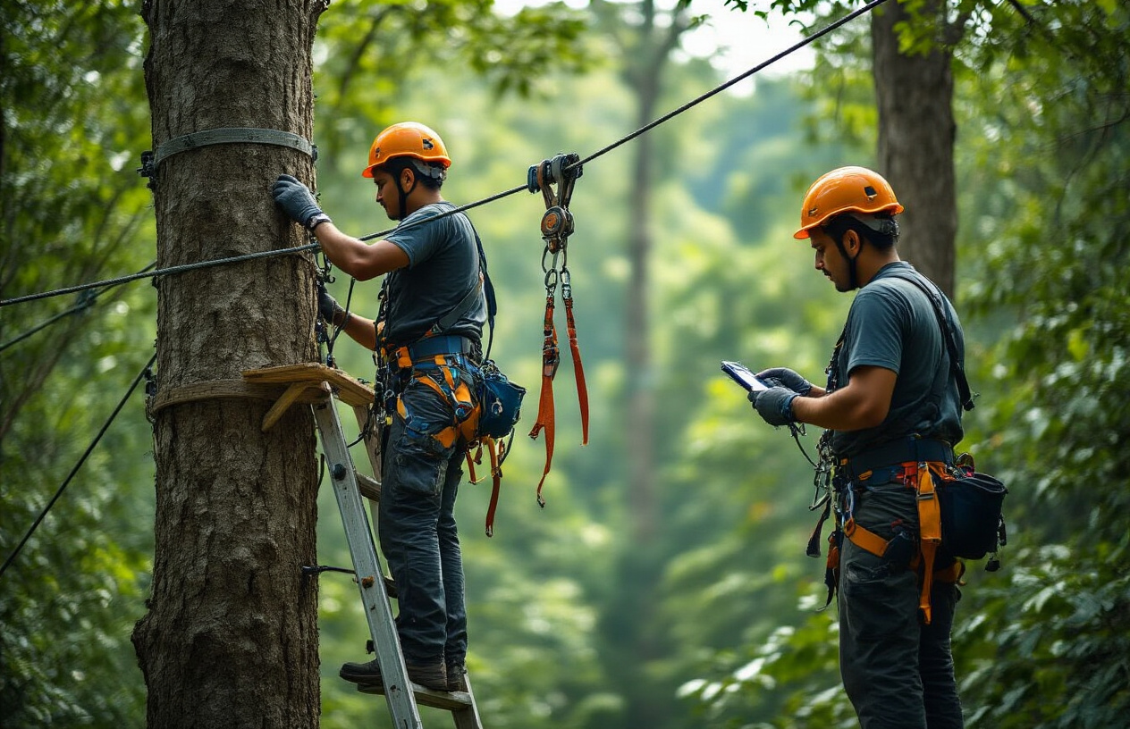 Create a realistic image of professional Indian male technicians in safety helmets and harnesses installing a zipline cable system between tall trees in a lush forest setting, with one technician on a ladder adjusting cable tension while another monitors from the ground with technical equipment, showing detailed zipline hardware including pulleys and safety mechanisms, under bright natural daylight with green foliage background, conveying expertise and safety in adventure tourism infrastructure, absolutely NO text should be in the scene.