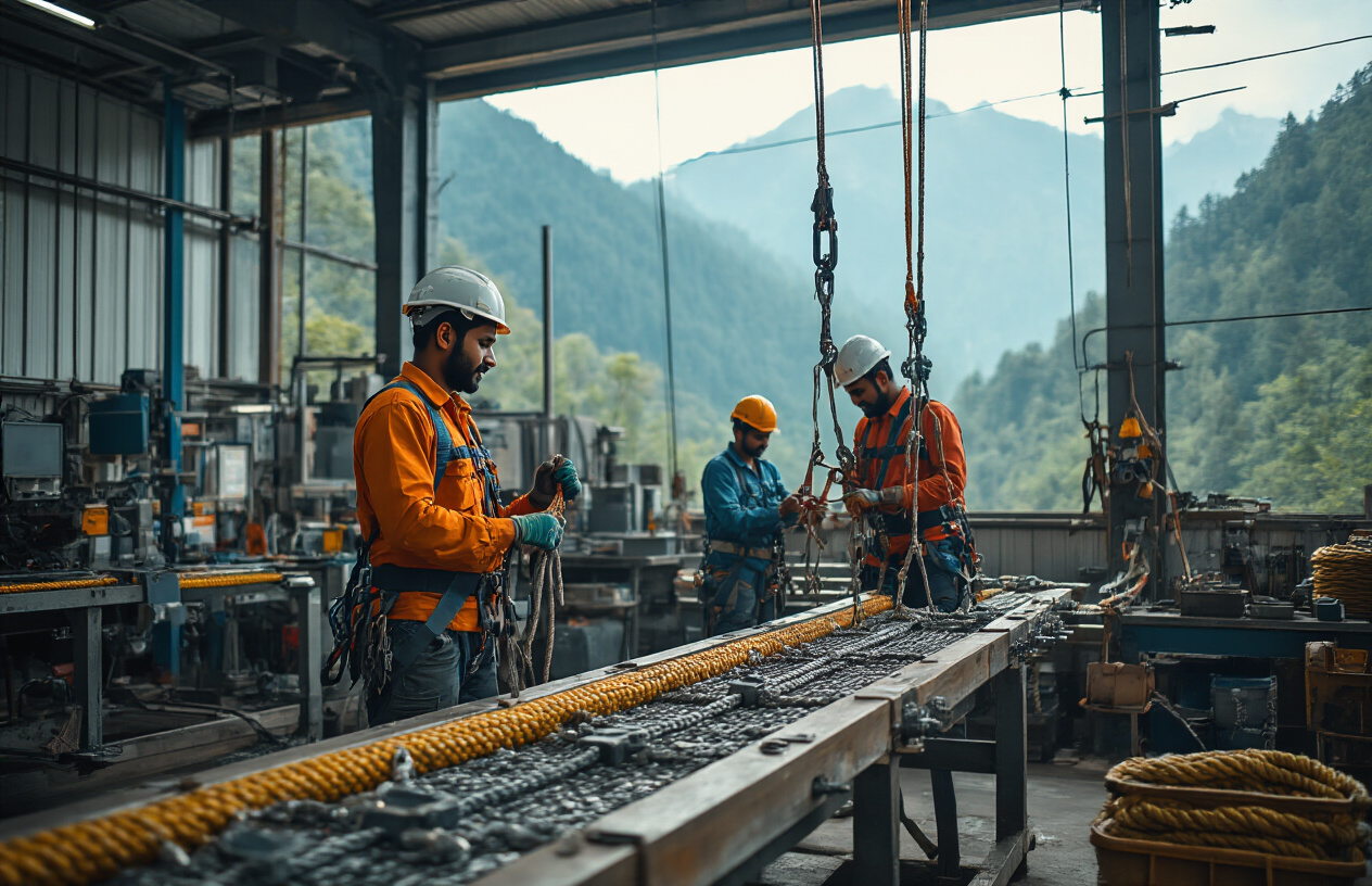Create a realistic image of a professional zipline manufacturing facility in India with skilled Indian male and female workers assembling zipline equipment, modern industrial machinery and tools in the background, steel cables and safety harnesses prominently displayed, bright industrial lighting illuminating the workspace, conveying a sense of quality craftsmanship and safety standards, with mountains or forest scenery visible through large windows suggesting adventure tourism destinations, absolutely NO text should be in the scene.