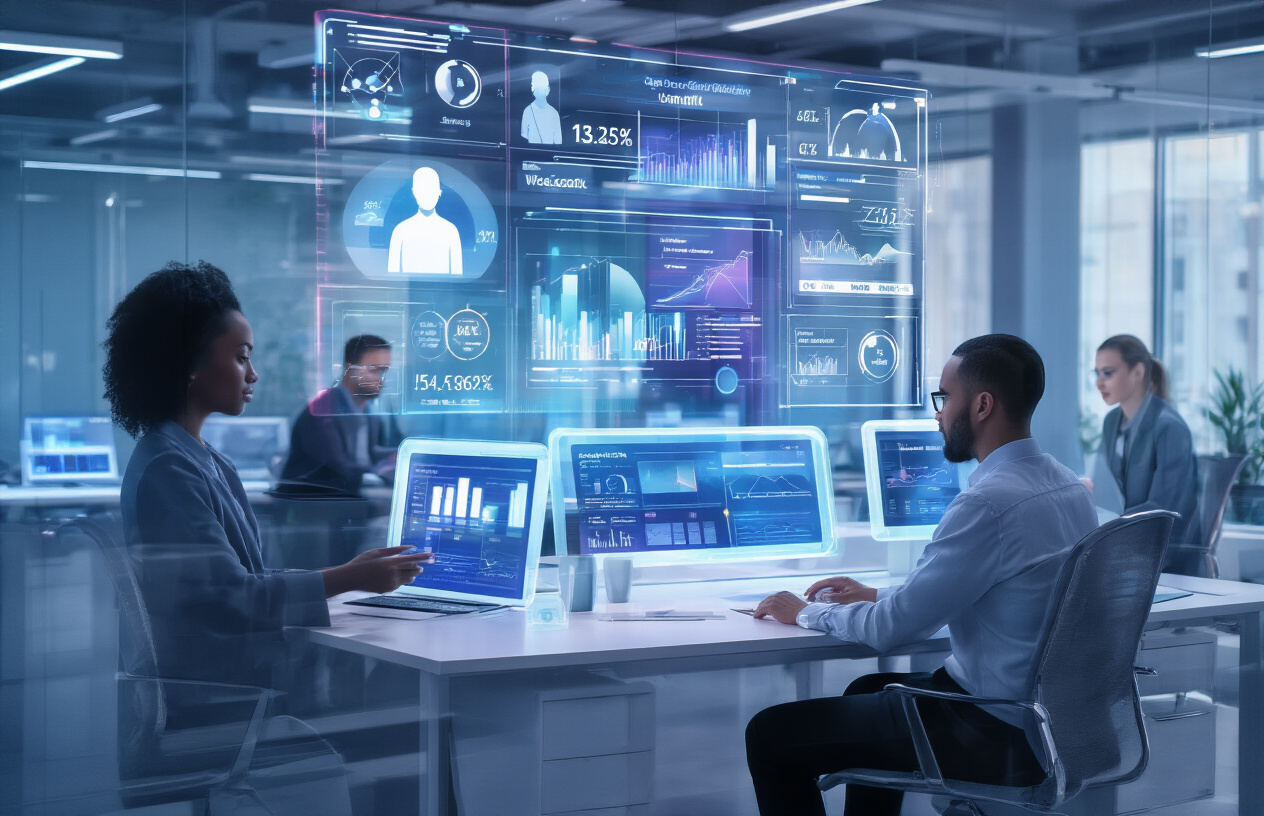 Create a realistic image of a modern office environment with holographic AI interface displays showing customer analytics and personalization data floating above sleek workstations, featuring diverse professionals including a black female data analyst and a white male marketing specialist working with futuristic transparent screens displaying customer profiles, targeting algorithms, and demographic charts, with soft blue and purple ambient lighting creating a high-tech atmosphere, surrounded by minimalist furniture and glass panels, absolutely NO text should be in the scene.