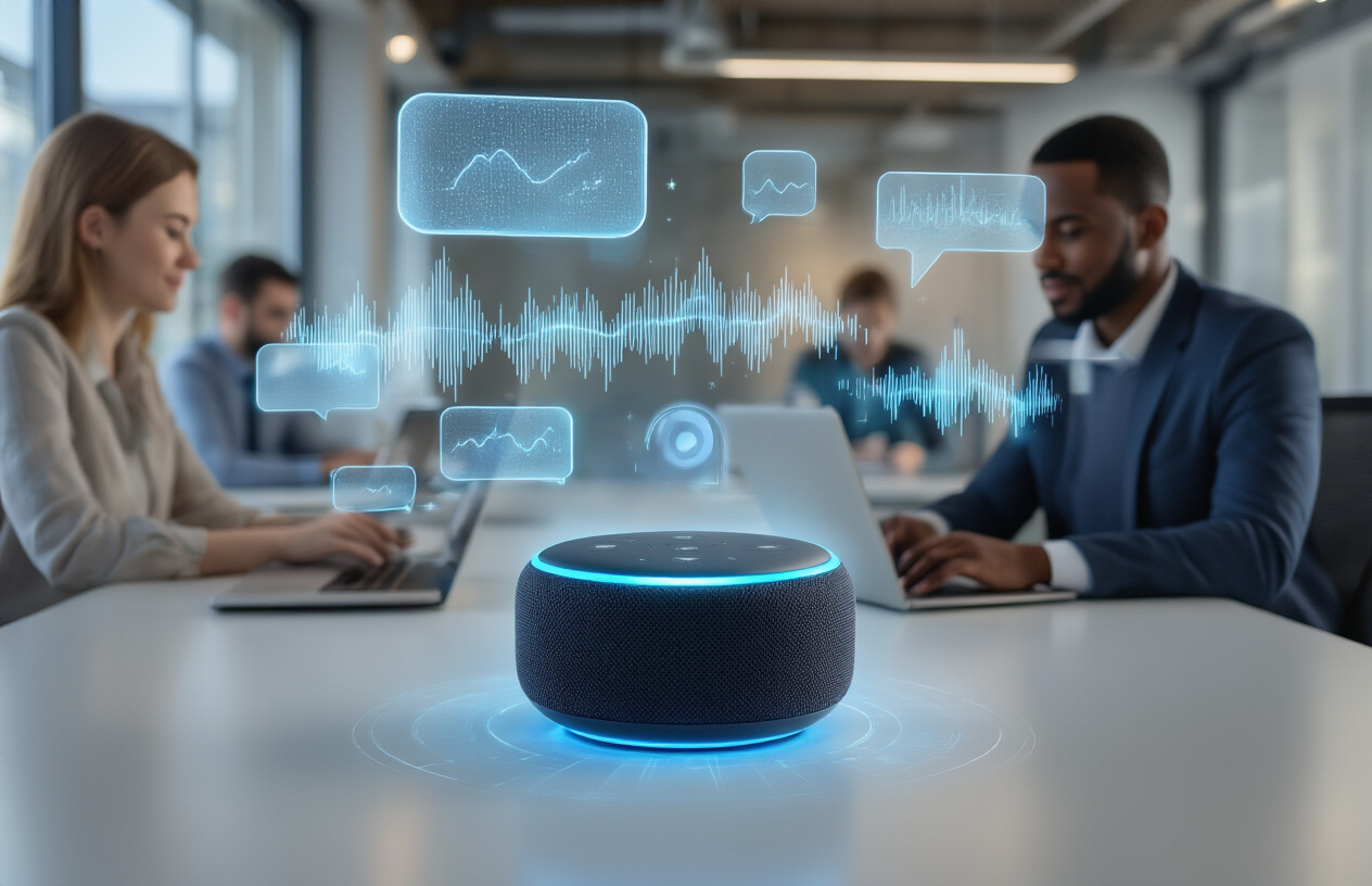 Create a realistic image of a modern smart speaker device glowing with blue voice activation lights sitting on a sleek desk, surrounded by floating holographic speech bubbles and sound wave visualizations, with a diverse group of people including a white female and black male marketing professionals in business attire working on laptops in the background, set in a contemporary office environment with large windows and natural lighting, conveying innovation and futuristic technology atmosphere, absolutely NO text should be in the scene.