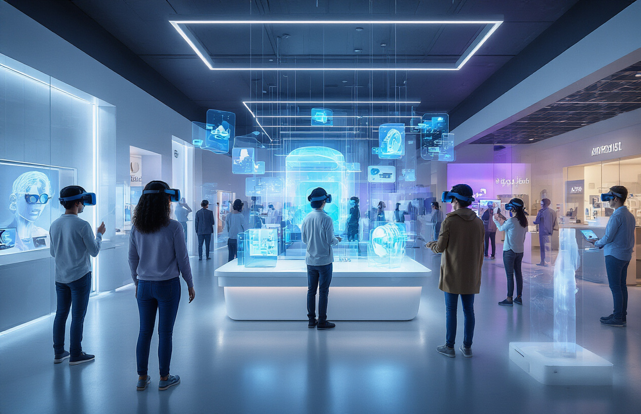 Create a realistic image of a diverse group of people wearing VR headsets and AR glasses in a modern, sleek showroom environment, with holographic product displays floating in mid-air, interactive digital interfaces projected around them, LED lighting casting a futuristic blue and purple glow, people reaching out to touch virtual objects that appear three-dimensional, branded virtual storefronts visible in the background, contemporary glass and metal architecture, professional business atmosphere with innovative technology seamlessly integrated into the space, absolutely NO text should be in the scene.