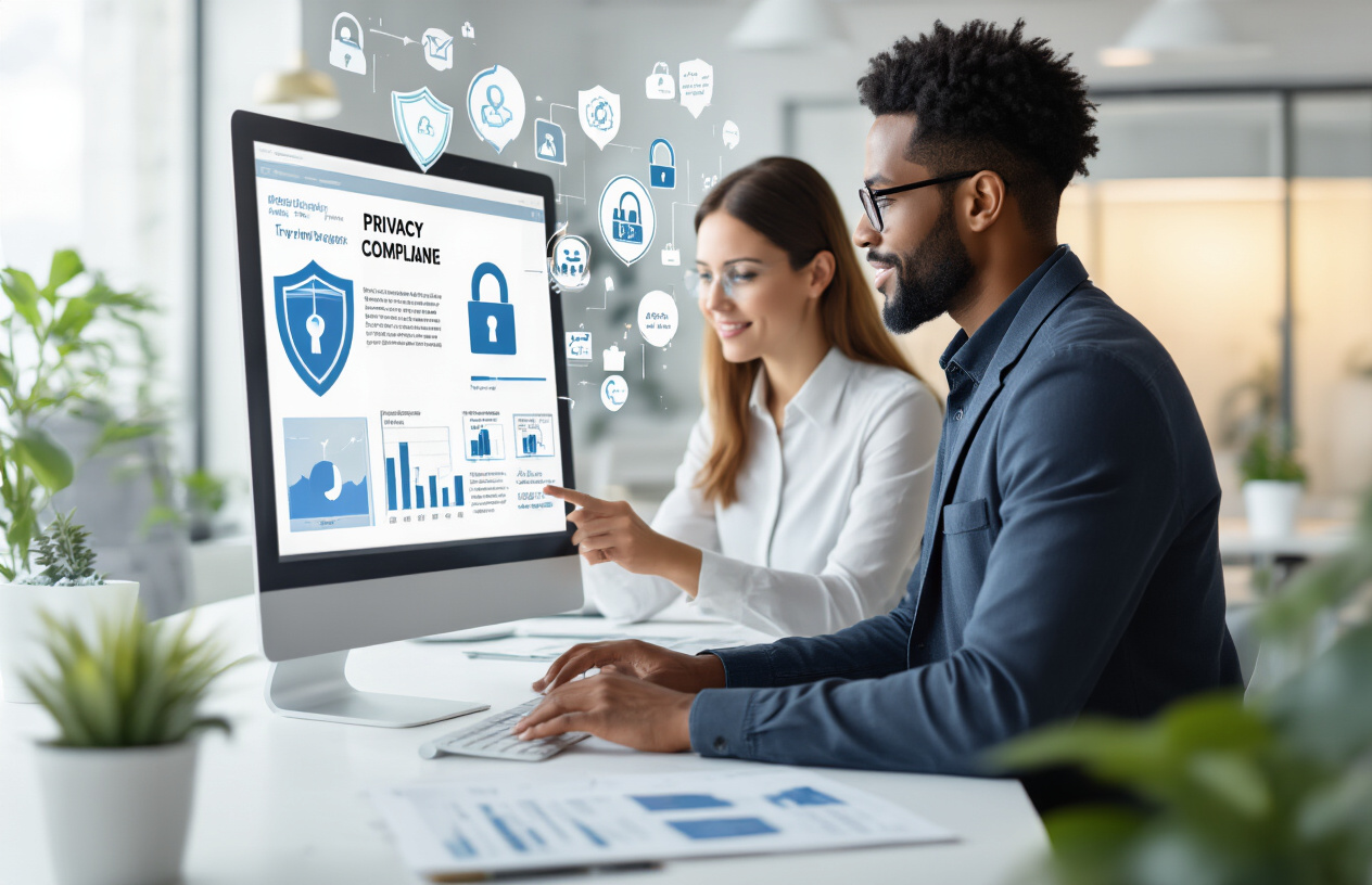 Create a realistic image of a diverse group of professionals in a modern office setting working on privacy-focused digital marketing, featuring a white female data analyst and a black male marketing manager reviewing privacy compliance documents on a computer screen, with digital privacy icons like shields and locks floating subtly around them, surrounded by charts showing trust metrics and data value optimization, warm professional lighting creating a trustworthy atmosphere, clean modern workspace with glass walls and plants in the background, absolutely NO text should be in the scene.