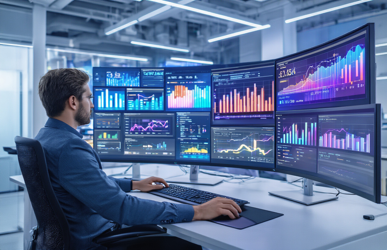 Create a realistic image of a modern office environment with multiple large curved monitors displaying colorful data visualization dashboards, analytics charts, graphs showing ROI metrics and attribution models, with a professional white male analyst in business attire working at the workstation, surrounded by sleek technology equipment, ambient blue and purple lighting from screens, clean minimalist workspace with glass surfaces, futuristic atmosphere suggesting advanced marketing technology, absolutely NO text should be in the scene.