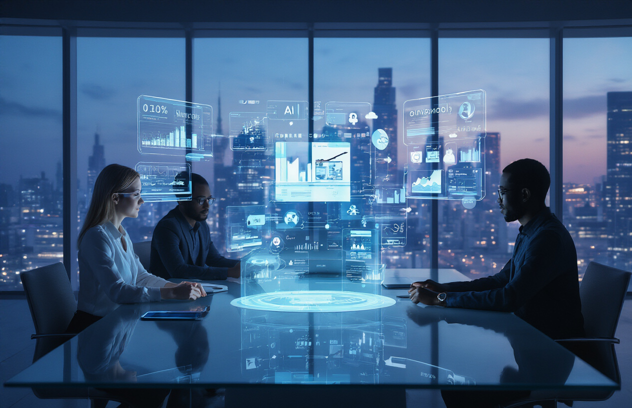 Create a realistic image of a futuristic digital workspace with holographic displays showing various digital marketing analytics, AI-powered chatbots, and social media platforms floating in mid-air, featuring a diverse team of professionals including a white female marketer and a black male data analyst working collaboratively around a sleek glass table with advanced tablets and smart devices, set in a modern office environment with floor-to-ceiling windows "digital marketing in future "digital marketing in future " overlooking a smart city skyline, illuminated by soft blue and purple ambient lighting that creates a forward-thinking technological atmosphere, absolutely NO text should be in the scene.